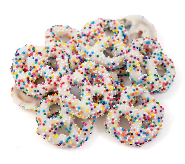 Mini White Chocolate Rainbow Nonpareil Pretzels.