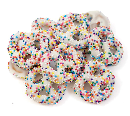 Mini White Chocolate Rainbow Nonpareil Pretzels.