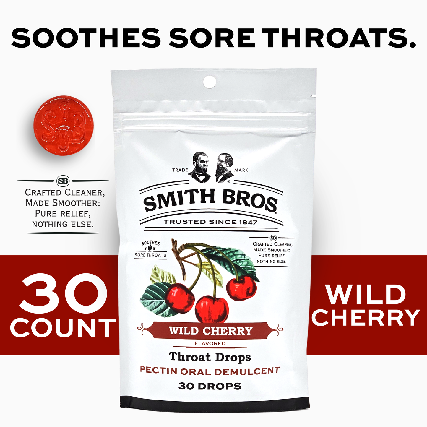 Smith Brothers Wild Cherry Throat Drops Bag - 30 Ct