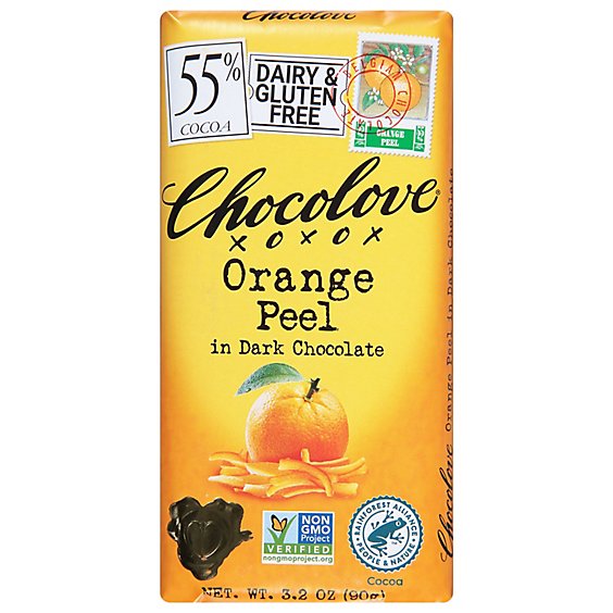 CHOCOLOVE ORANGE PEEL IN DARK CHOCOLATE 3.2 OZ BAR
